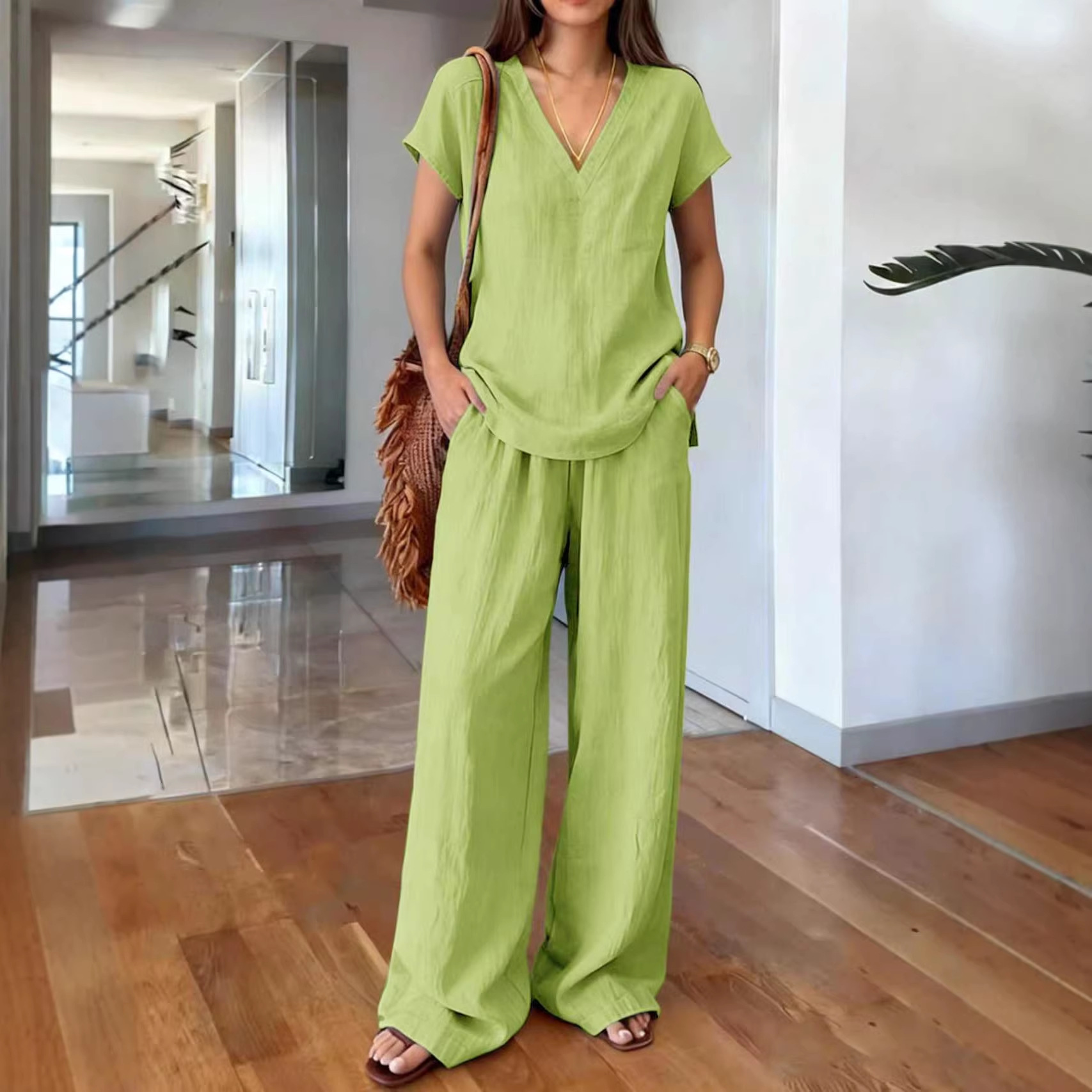 Women's Solid Color Summer Two-Piece Pants Set with T-Shirt