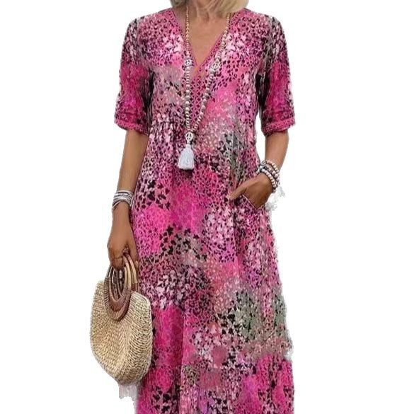 Women's Printed V-Neck Midi Dress with Pockets Casual Vacation Home Wear