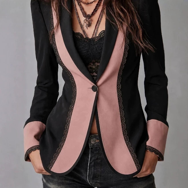 Retro Single-Button Color-Block Blazer with Lace Trim