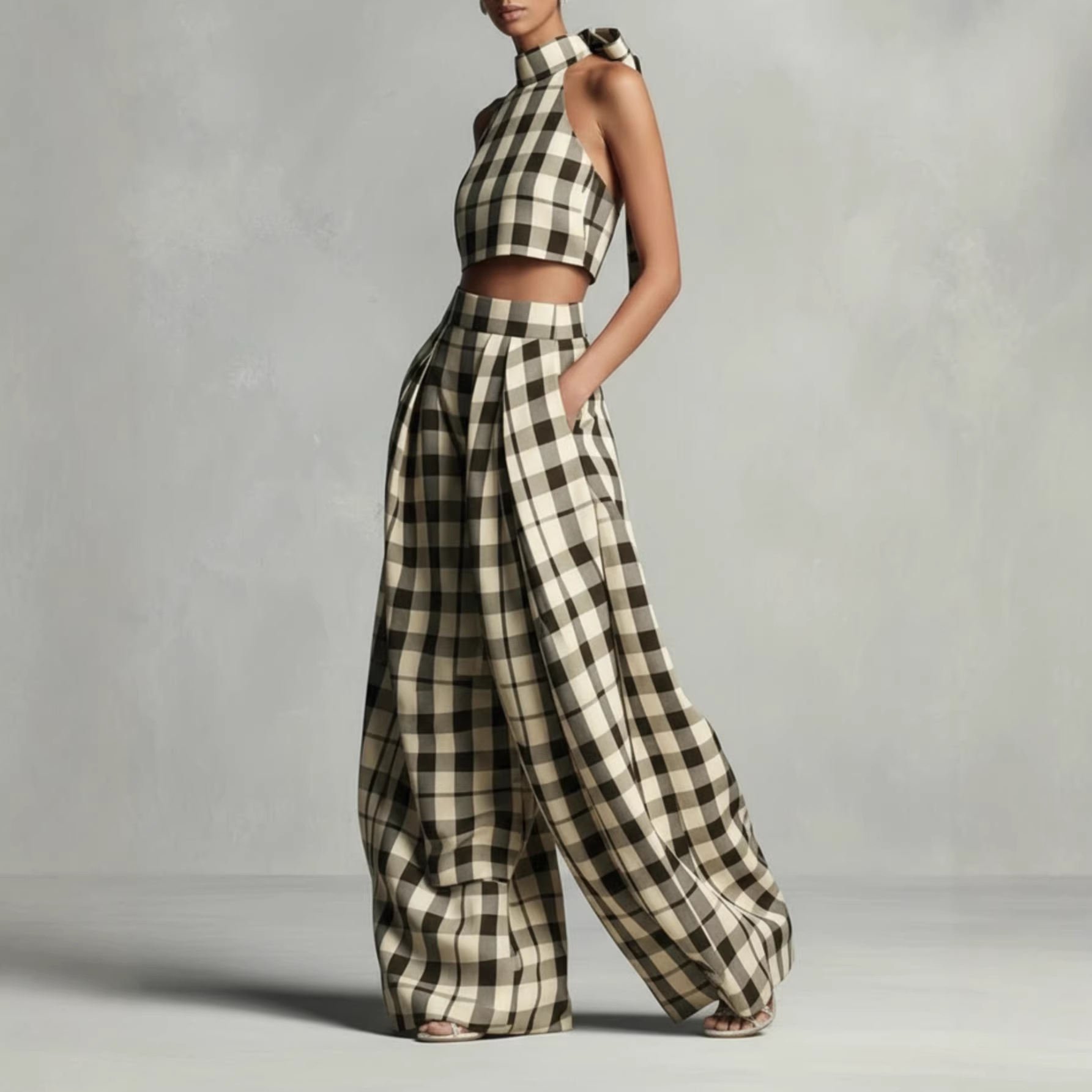 Women's Beige Brown Plaid Halter Crop Top and Wide-Leg Pants Set