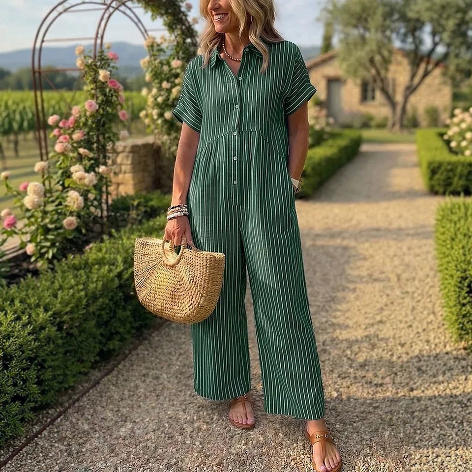 Striped Collared Button-Front Wide-Leg Jumpsuit for Women Summer Vacation