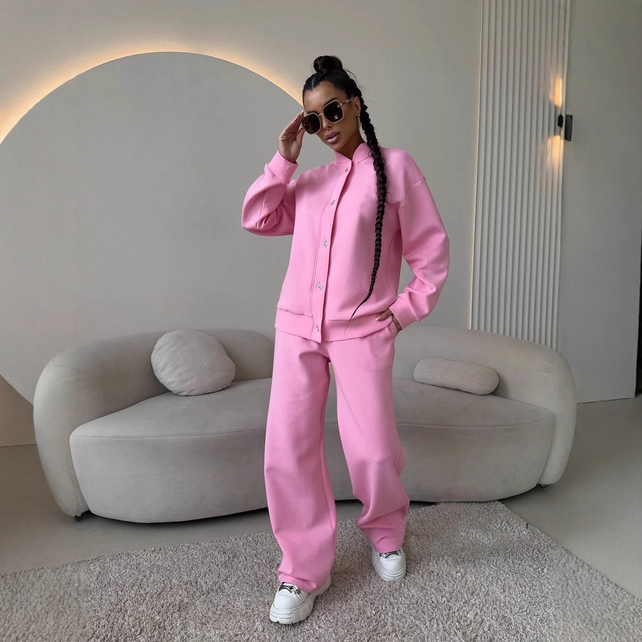 Women's Casual Two-Piece Set Button-Front Cardigan & Elastic Waist Wide-Leg Pants