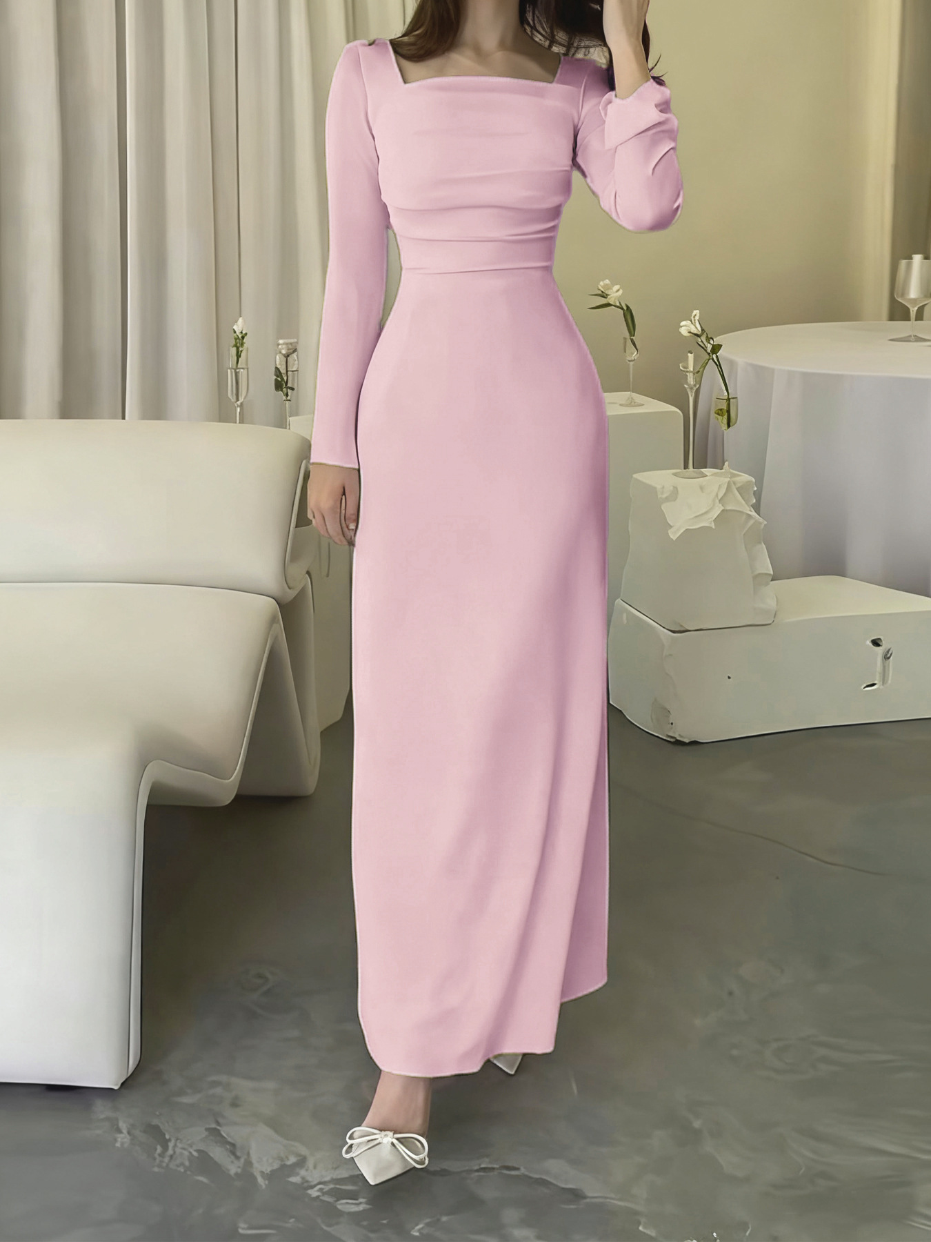 Women's Square Neck Long Sleeve Knit Dress Slim Fit Long Dress