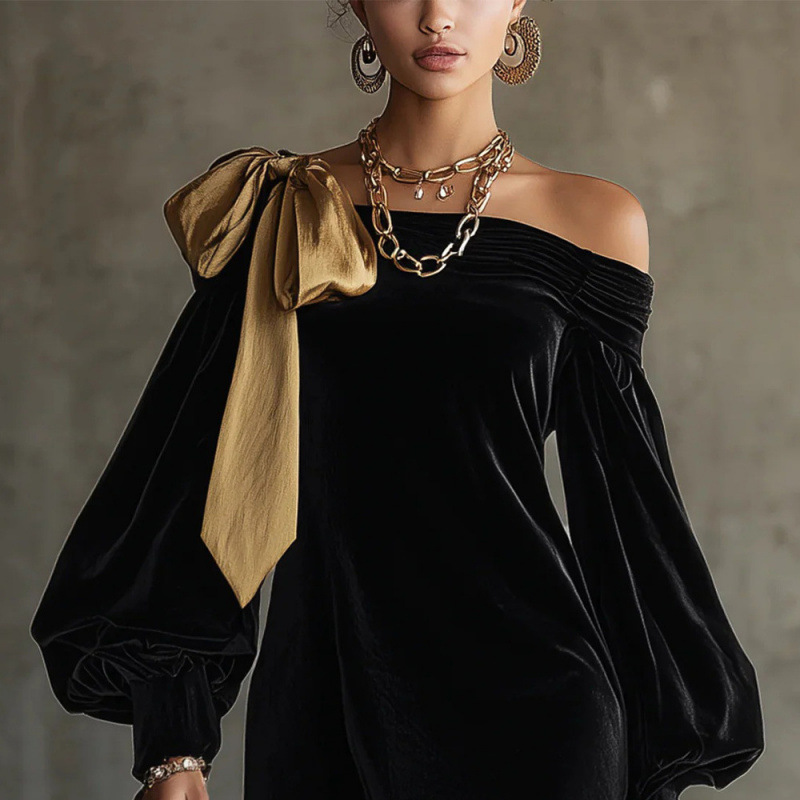 Women's Black Off-Shoulder A-Line Mini Dress with Lantern Sleeves