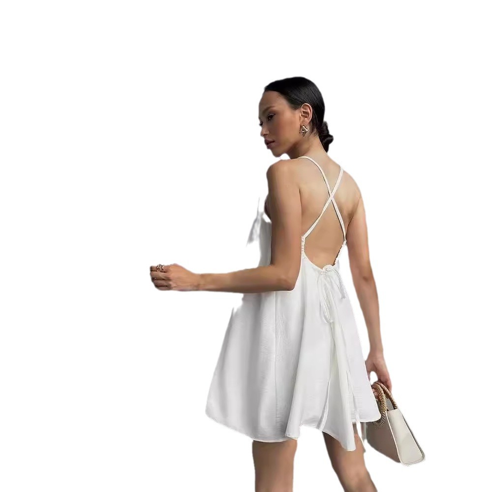 Women's Sleeveless Backless A-Line Mini Dress V-Neck High Waist Solid Beach Dress