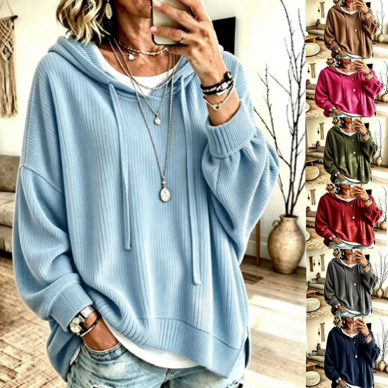 Solid Color Long-Sleeve Loose Hooded Drawstring Knit Sweatshirt