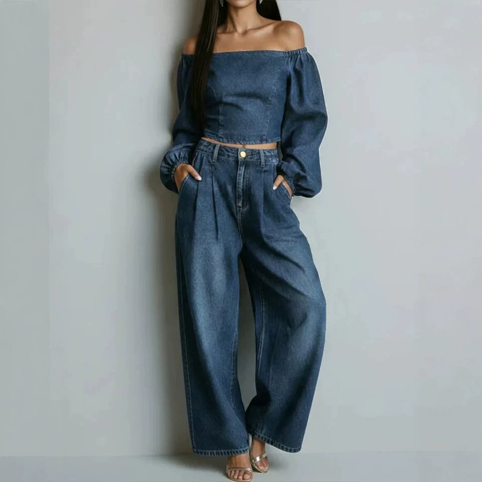 Faux Denim Two-Piece Set Long Sleeve Top & Pants Casual Loose Fit