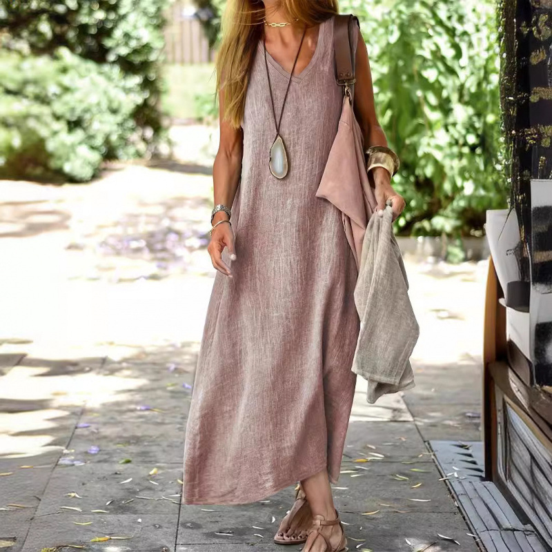 Plus Size Cotton Linen One-Shoulder A-Line Midi Dress