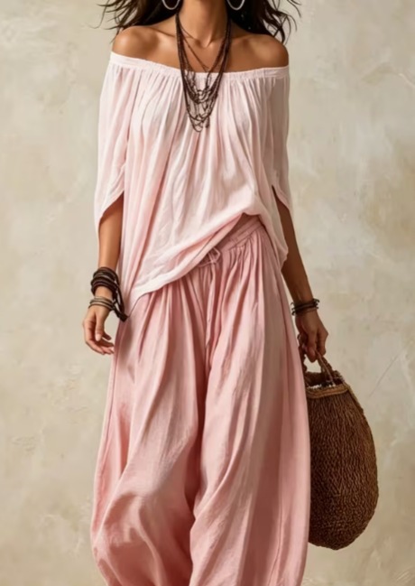 Women's Long Loose Off-Shoulder Top and Lantern Pants Set