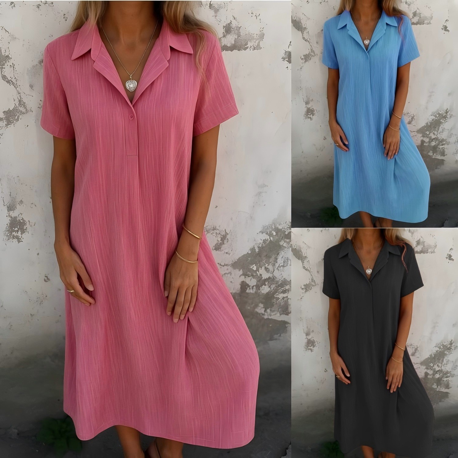 Women's Casual Cotton-Linen V-Neck Short Sleeve Loose Midi Dress