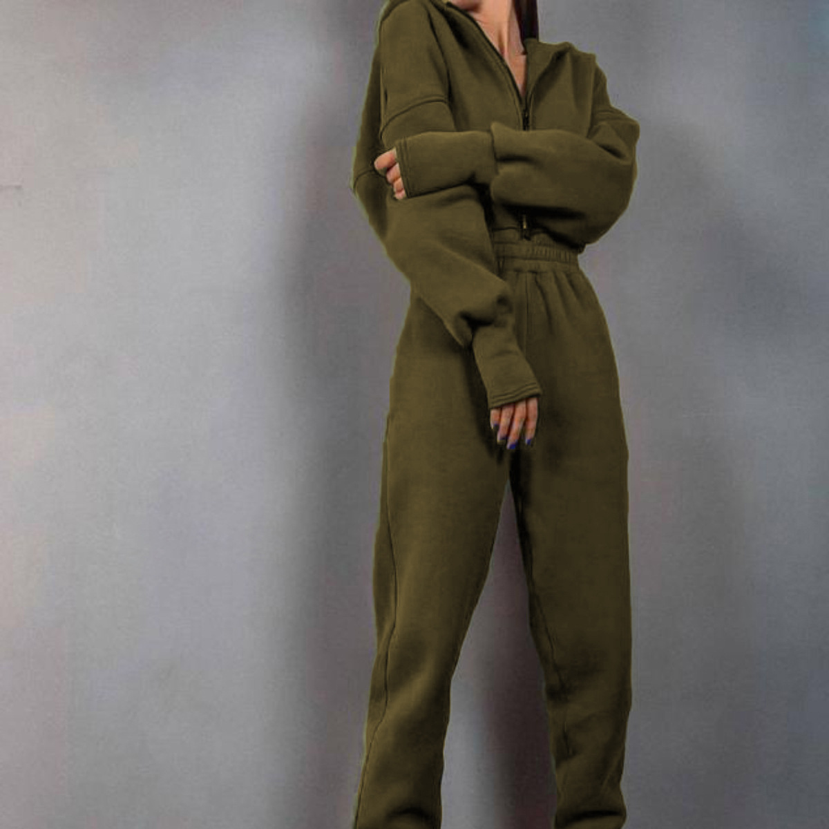 Women's Hooded Jumpsuit Long Sleeve Zip-Up Casual Set