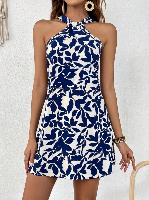Printed Sleeveless Halter Backless Ruffle Midi Dress
