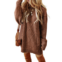 Cozy Cable-Knit Sweater Dress Round Neck Long Sleeve Knee-Length