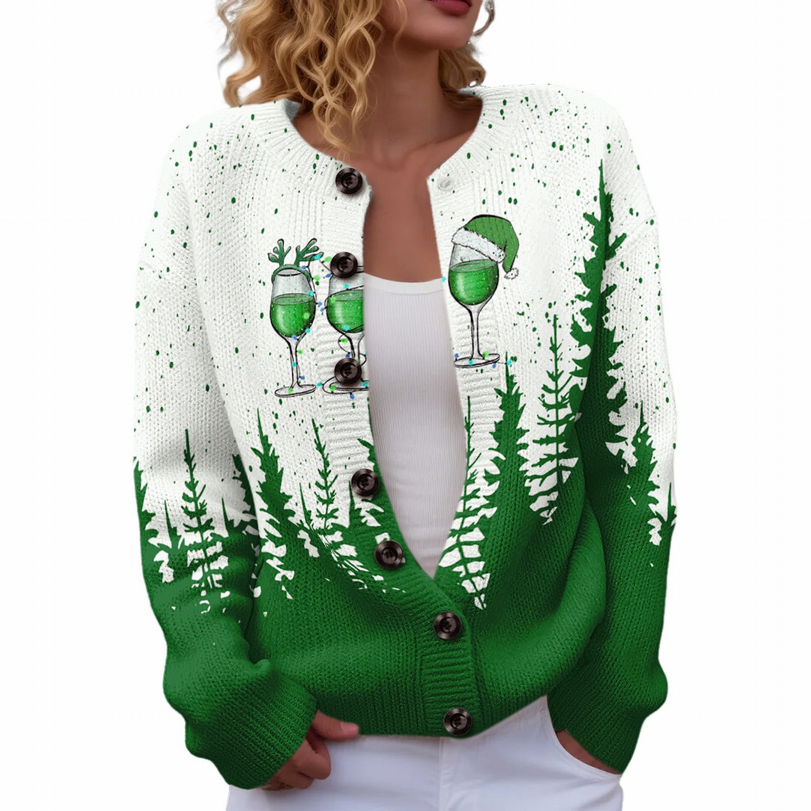 Women's Christmas Reindeer Forest Print Button Cardigan Sweater