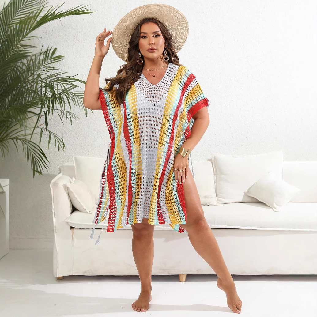Women's Plus Size Colorblock Cutout Beach Bikini Cover-Up Tie Dress