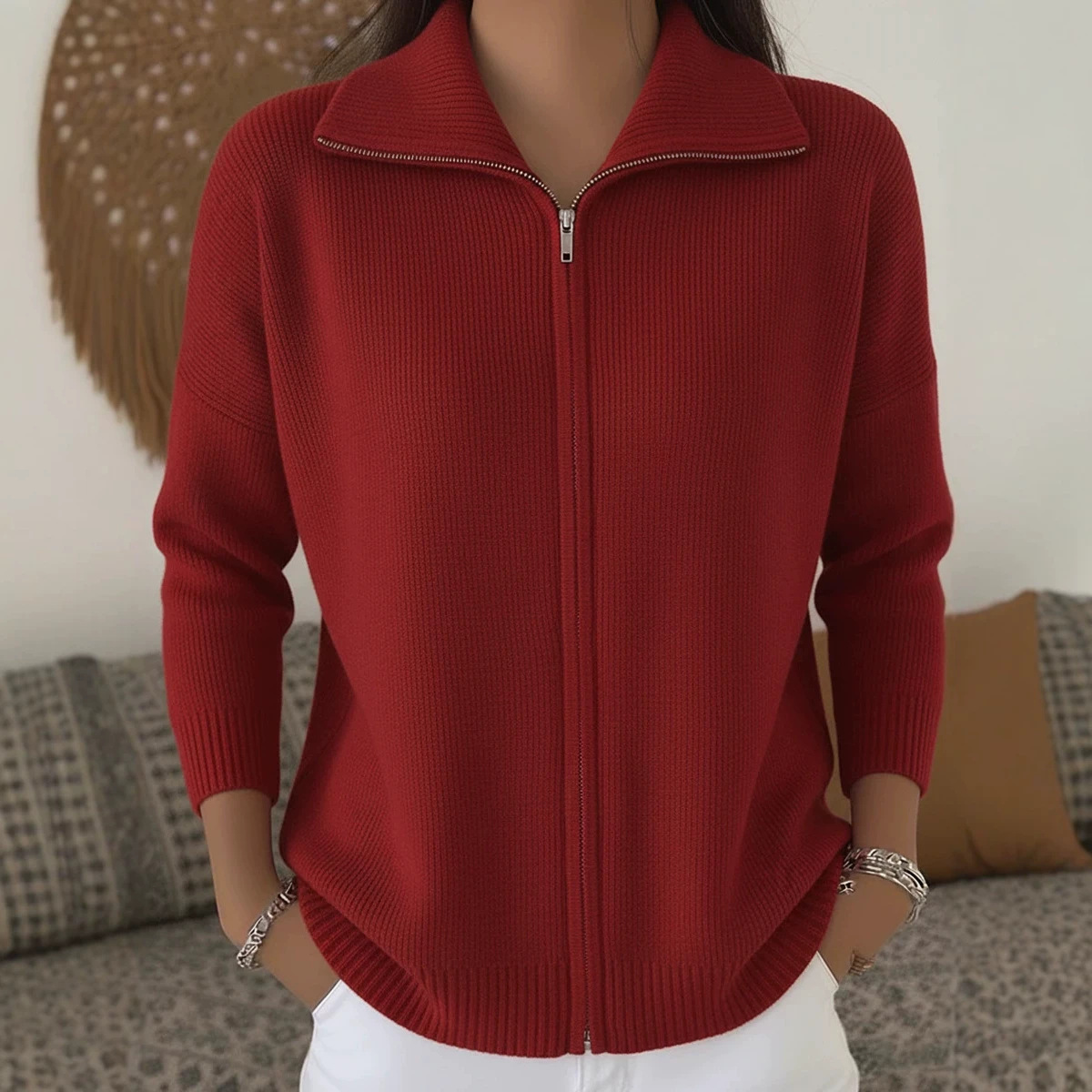 Women's Zip-Up Knit Cardigan Sweater with Collar, Solid Color Casual