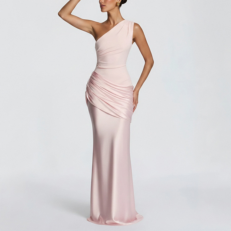 Women's One-Shoulder Bodycon Midi Dress Ruched Elegant Party Dress