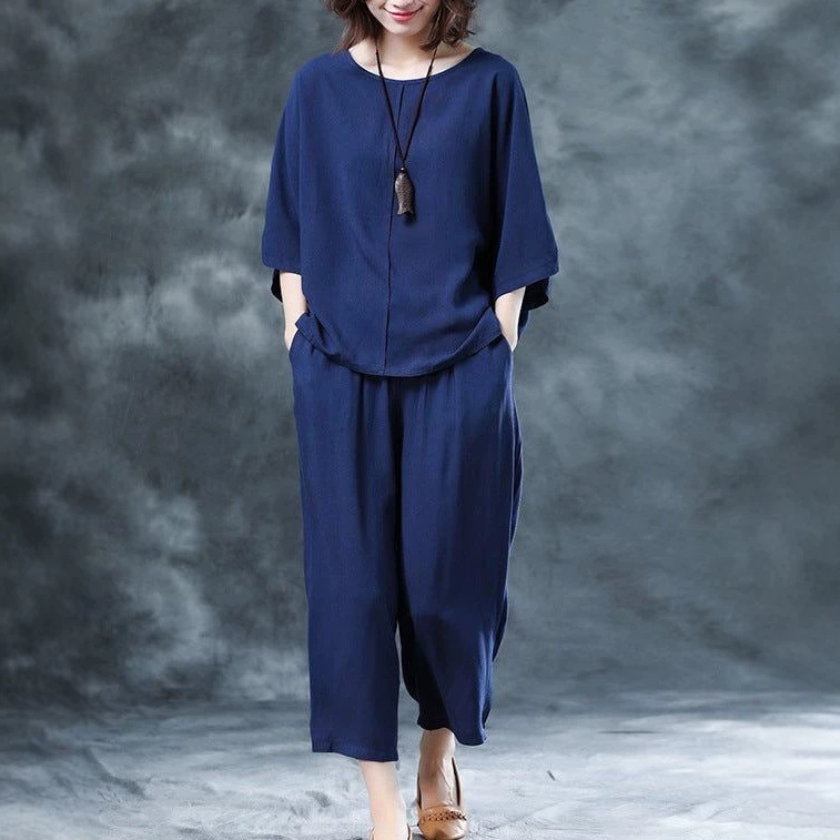 Women's Solid Color Short Sleeve Tee and Wide Leg Pants Set Plus Size