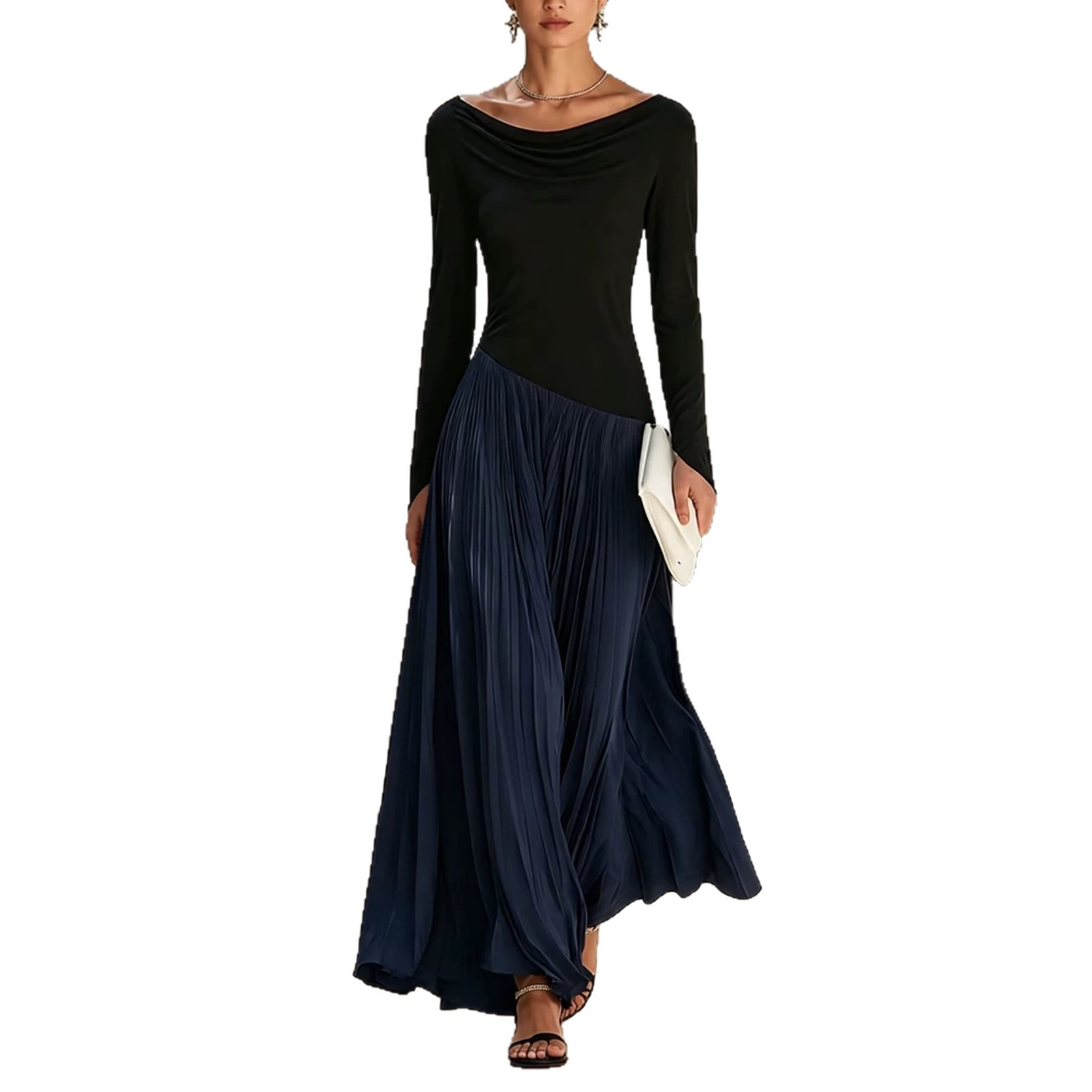 Minimalist Color-Block Draped-Neck Long Dress