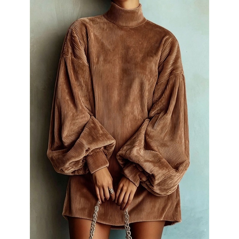 Women's Loose Lantern Sleeve A-Line Dress Corduroy Solid Color