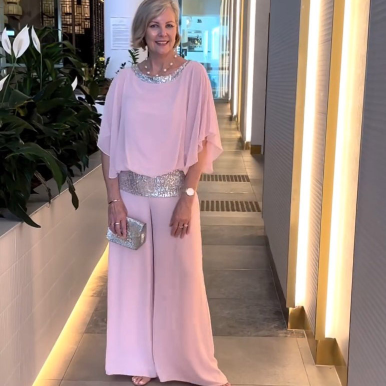 Solid Color Sequin Colorblock Batwing Sleeve Top and Wide-Leg Pants Set
