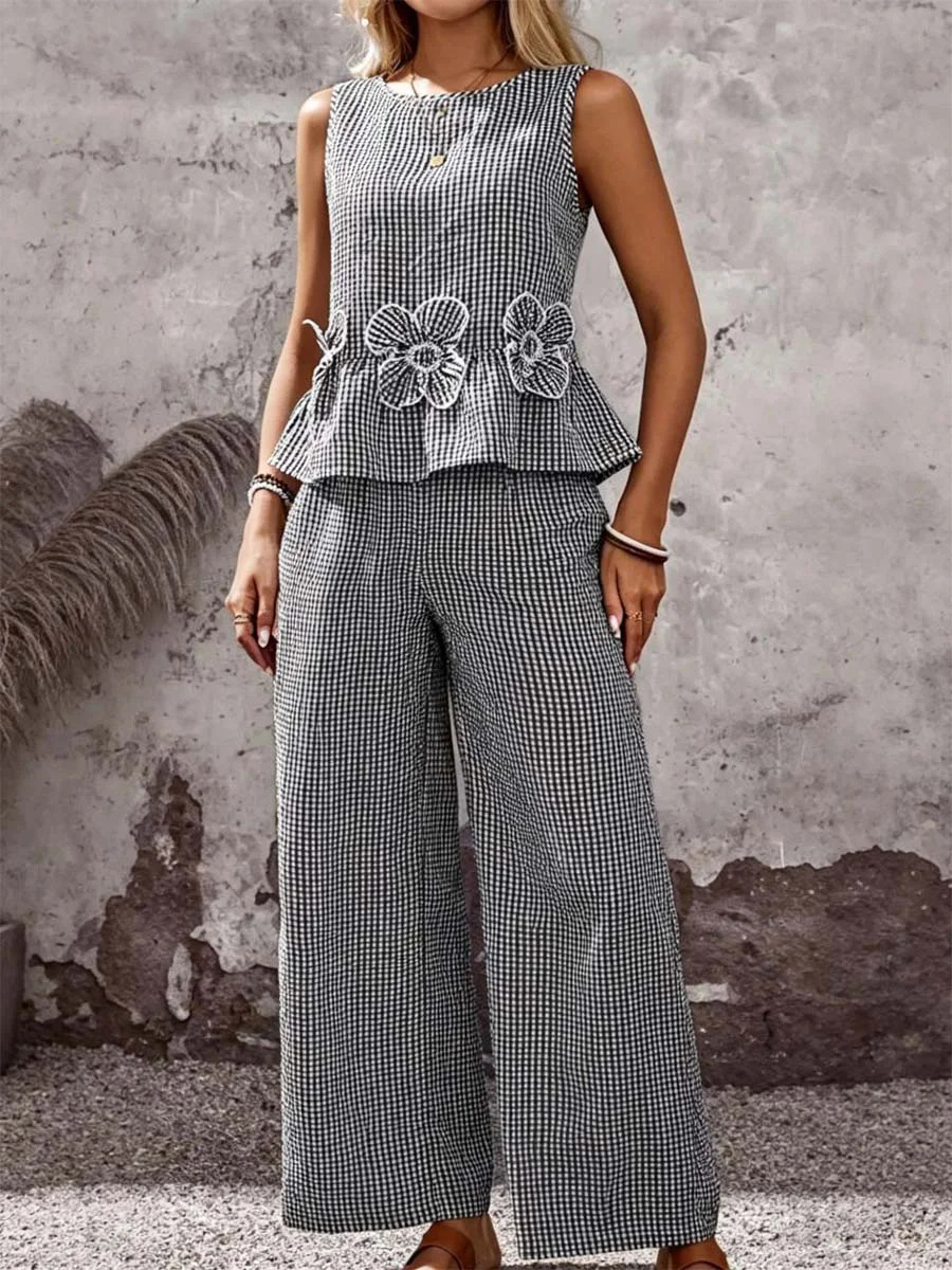 Women's Striped Floral Cotton-Linen Top and Pants Set