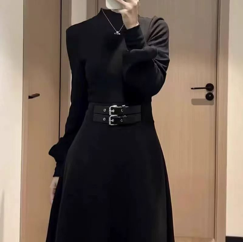 French Hepburn Style Cinched Waist Long Sleeve Black Dress
