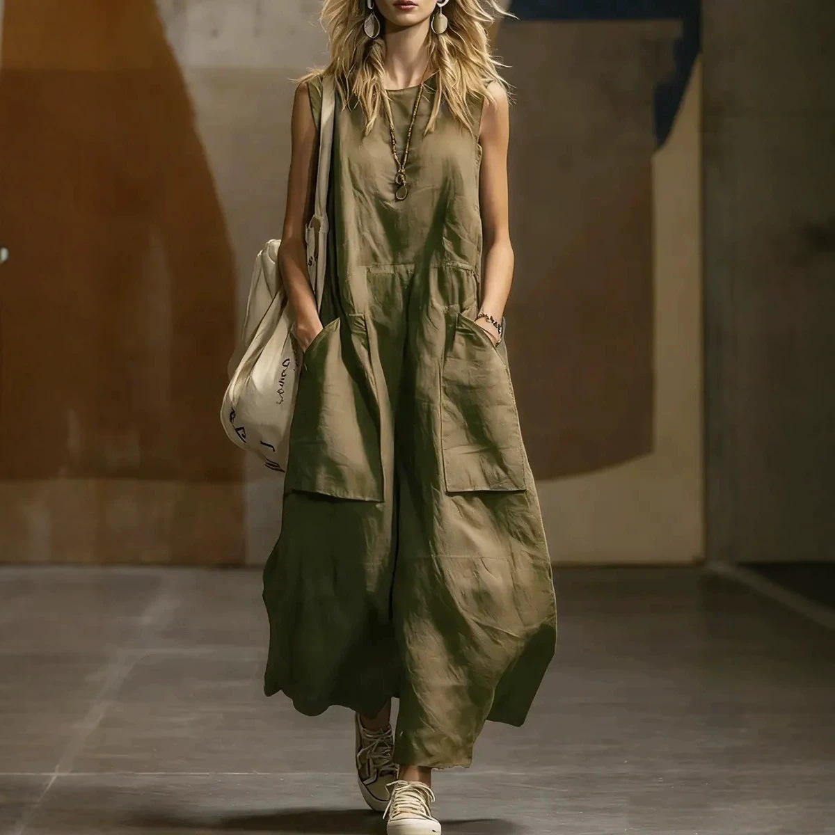 Women's Sleeveless Cotton-Linen A-Line Dress with Pockets