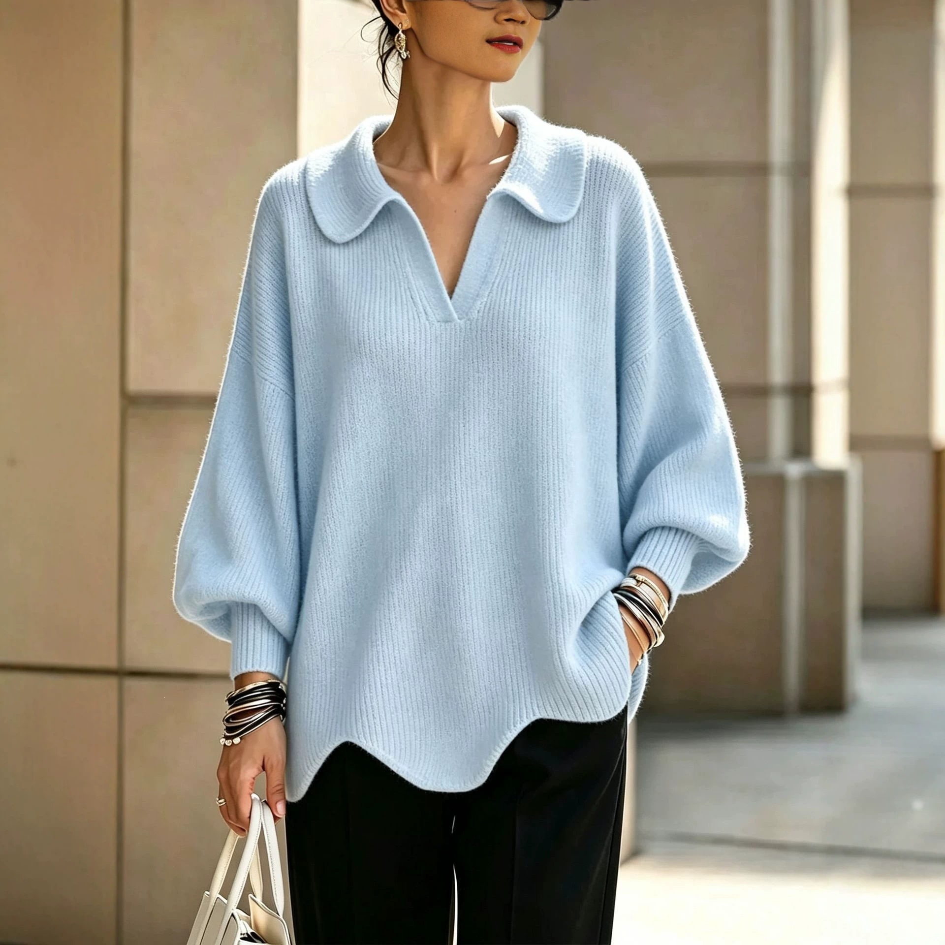 Women's V-Neck Lantern Sleeve Solid Knit Sweater Loose Relaxed Fit