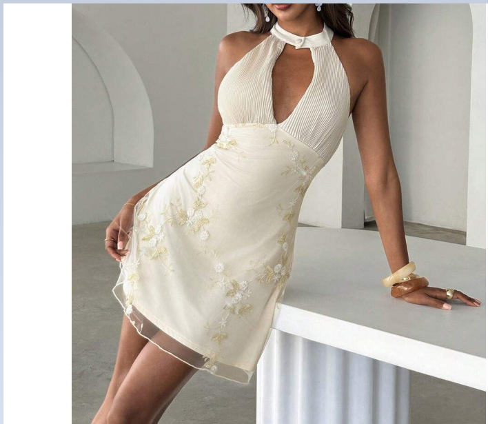 Romantic Halter Open-Back Cutout Pleated Apricot Dress