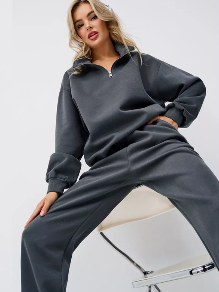 Half-Open Collar Long Sleeve Oversize Hoodie and Drawstring Sweatpants Set