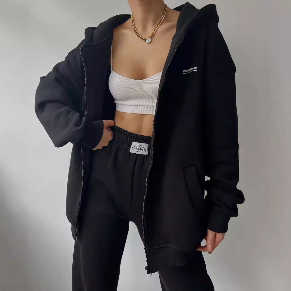 Women's Fleece-Lined Long Sleeve Hoodie and Pants Set with Letter Print