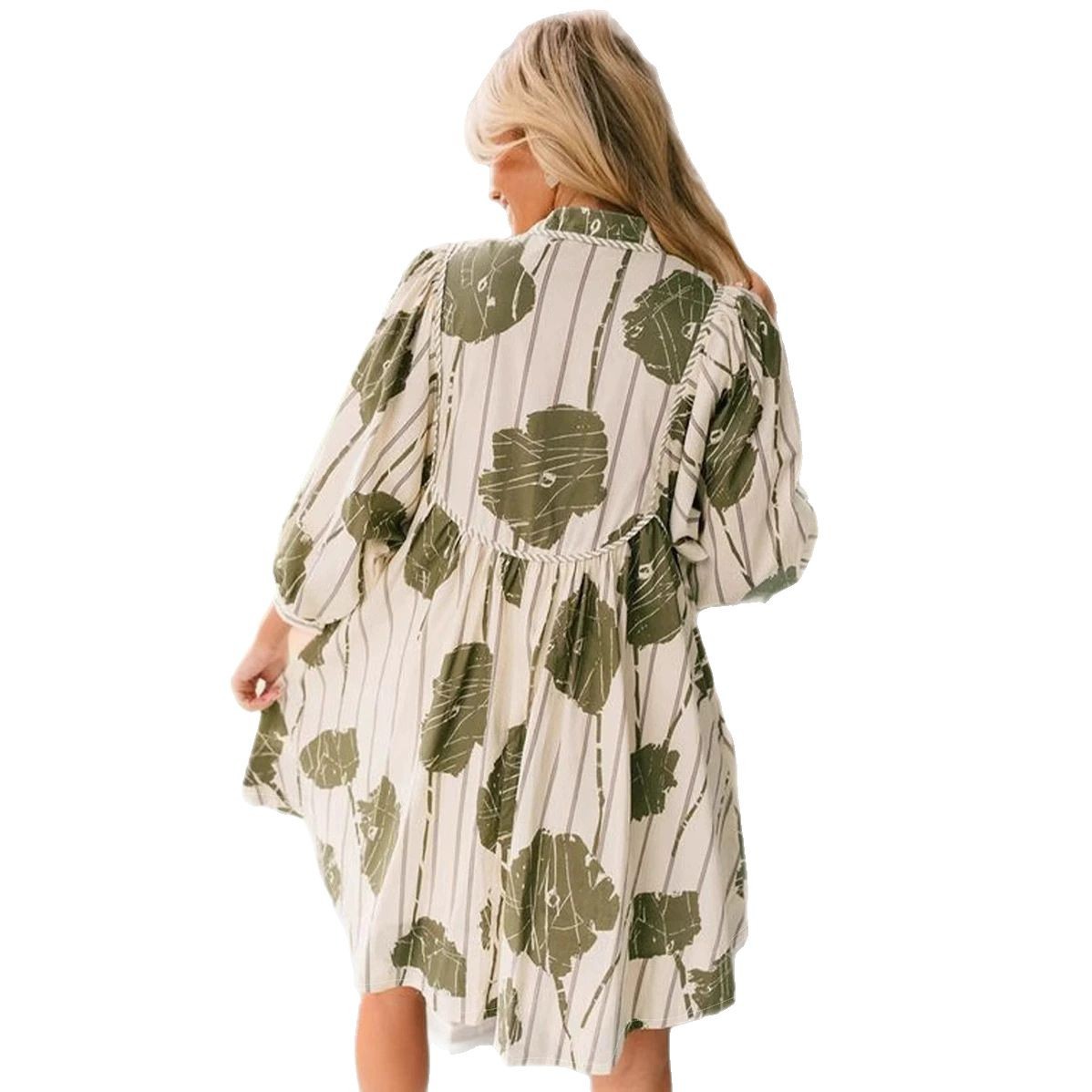 Floral Print Puff Sleeve Waist-Cinching Short Dress
