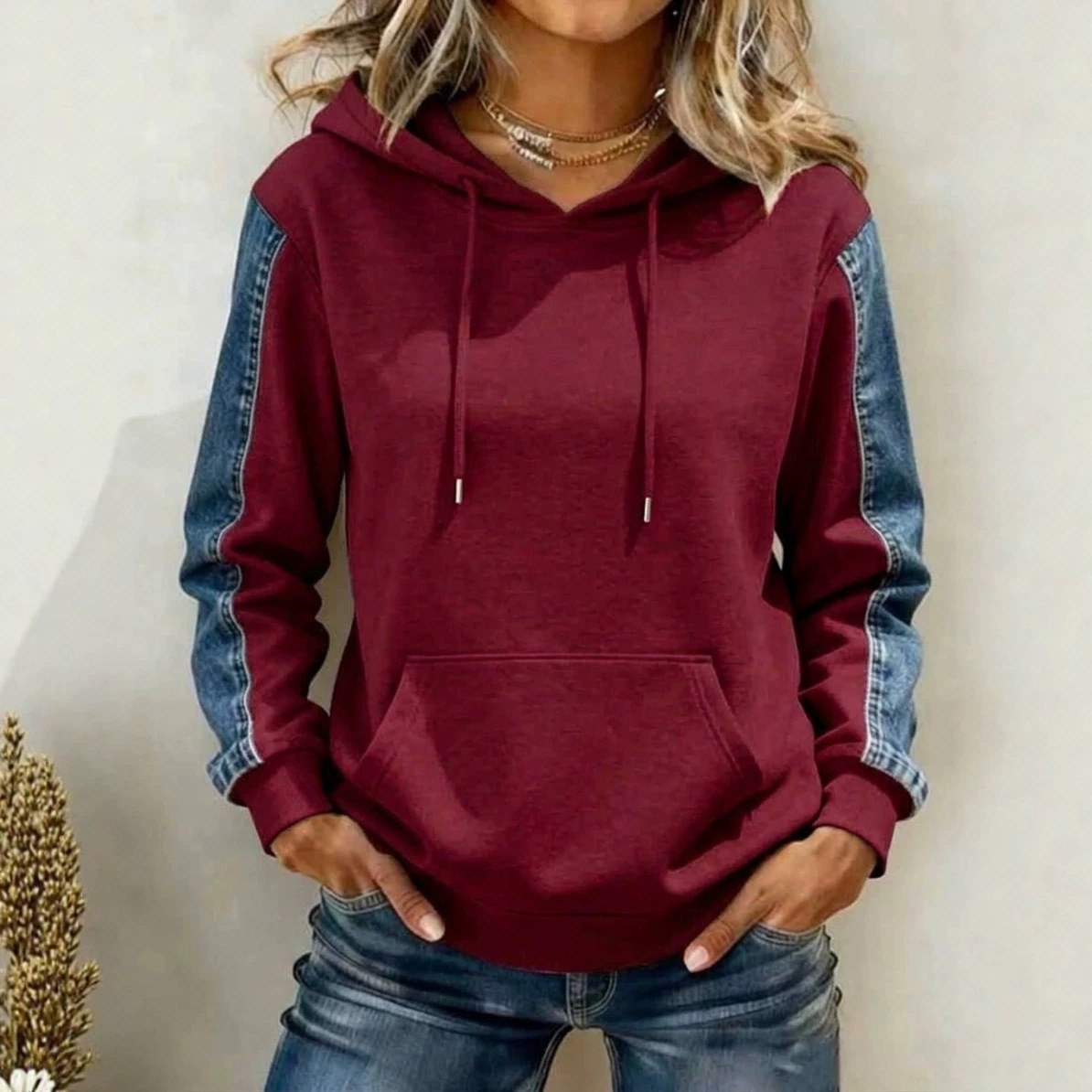 Women's Denim Print Patchwork Hooded Drawstring Sweatshirt