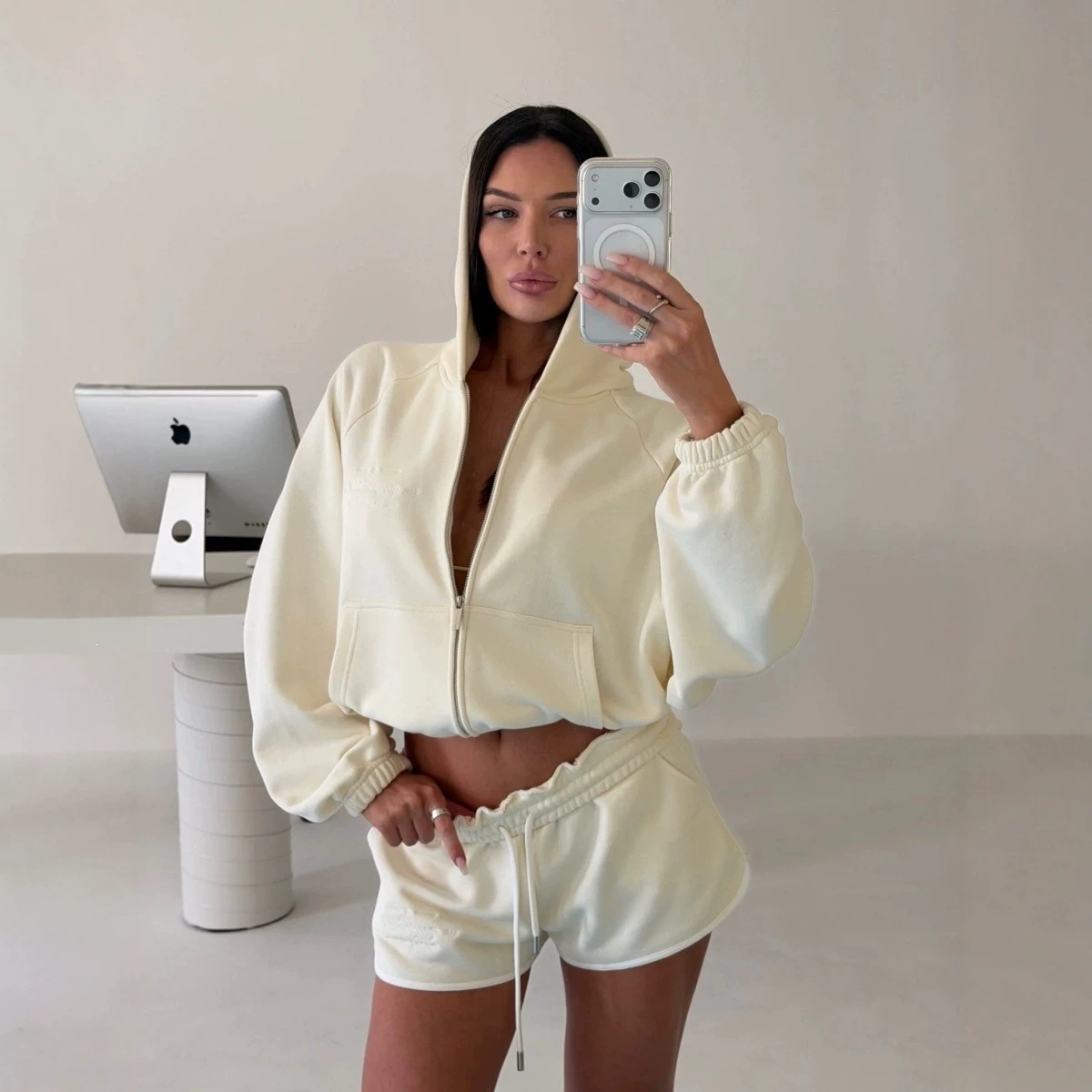Women's Hooded Zip Cropped Hoodie and High-Waisted Shorts Set with Contrast Trim