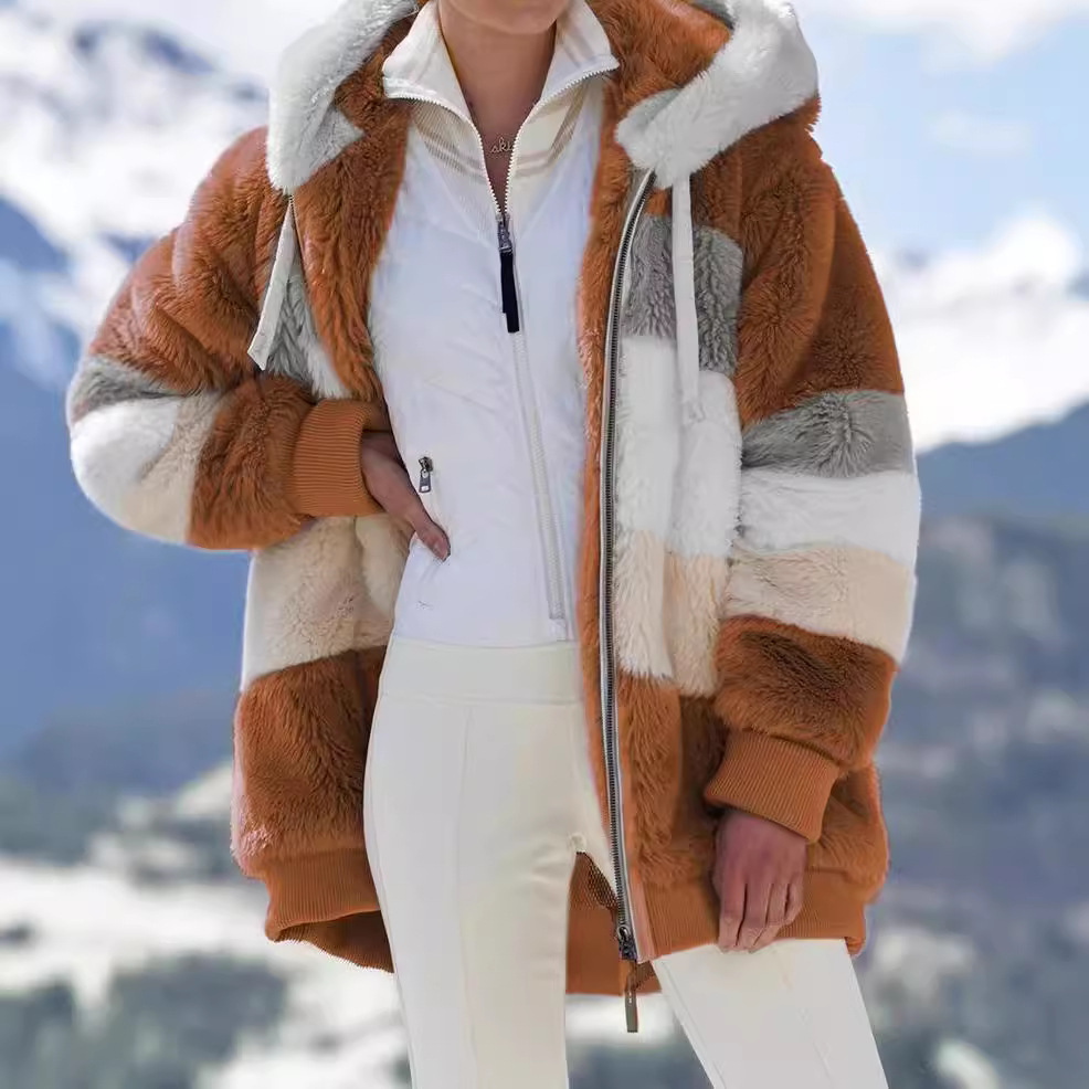 Oversized Fuzzy Fleece Colorblock Zip Hooded Coat