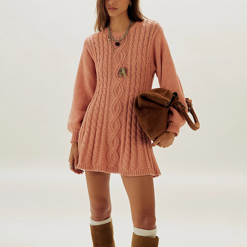 Cable-Knit Long-Sleeve Loose Knit Dress