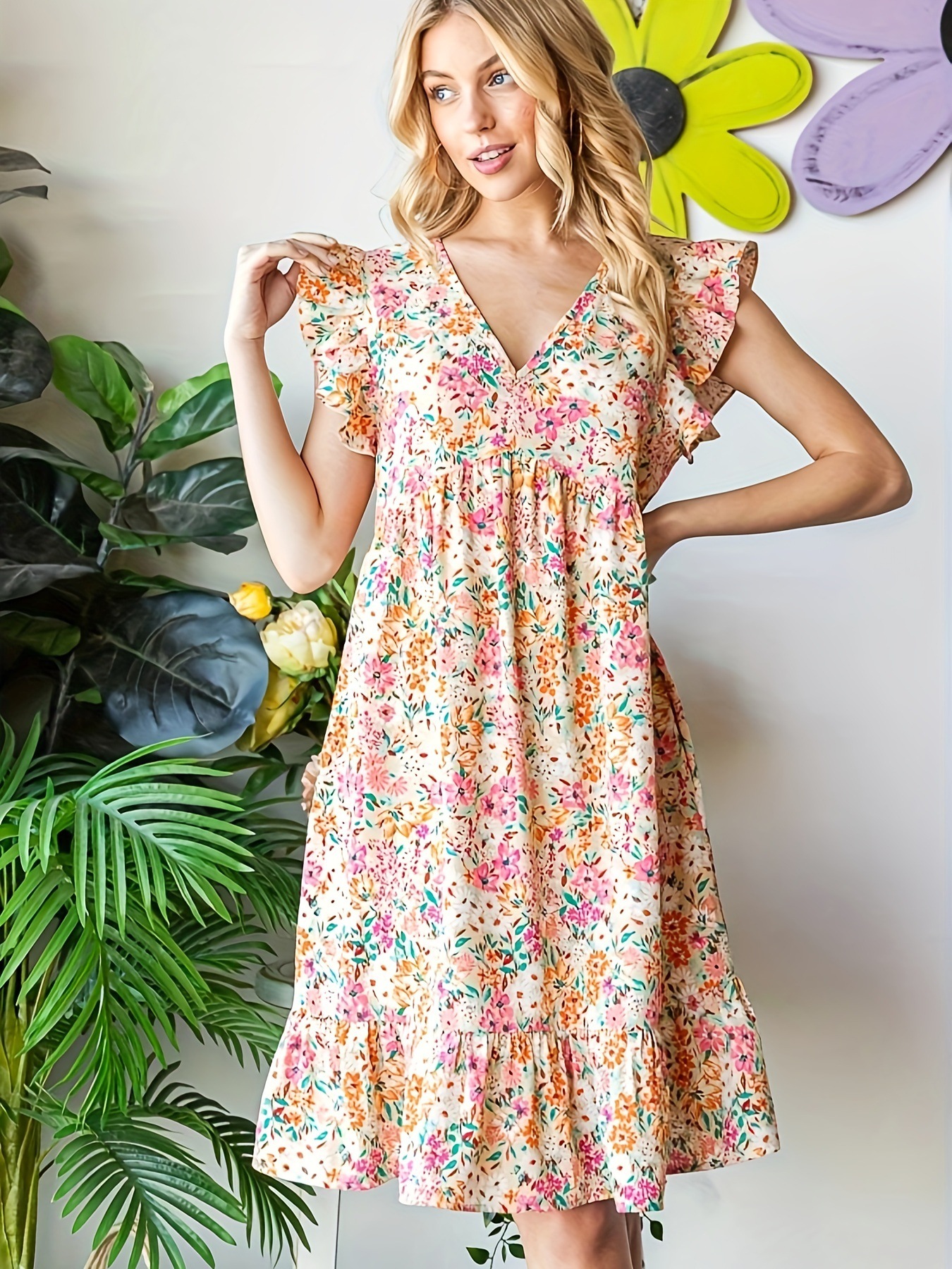Bohemian Floral Print Pleated V-Neck Dress