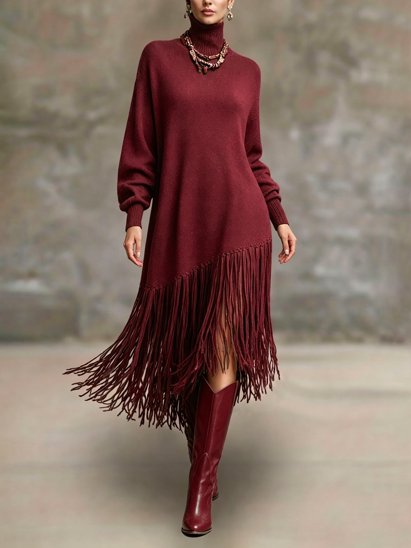 Women's Bohemian Long Fringe A-Line Midi Dress