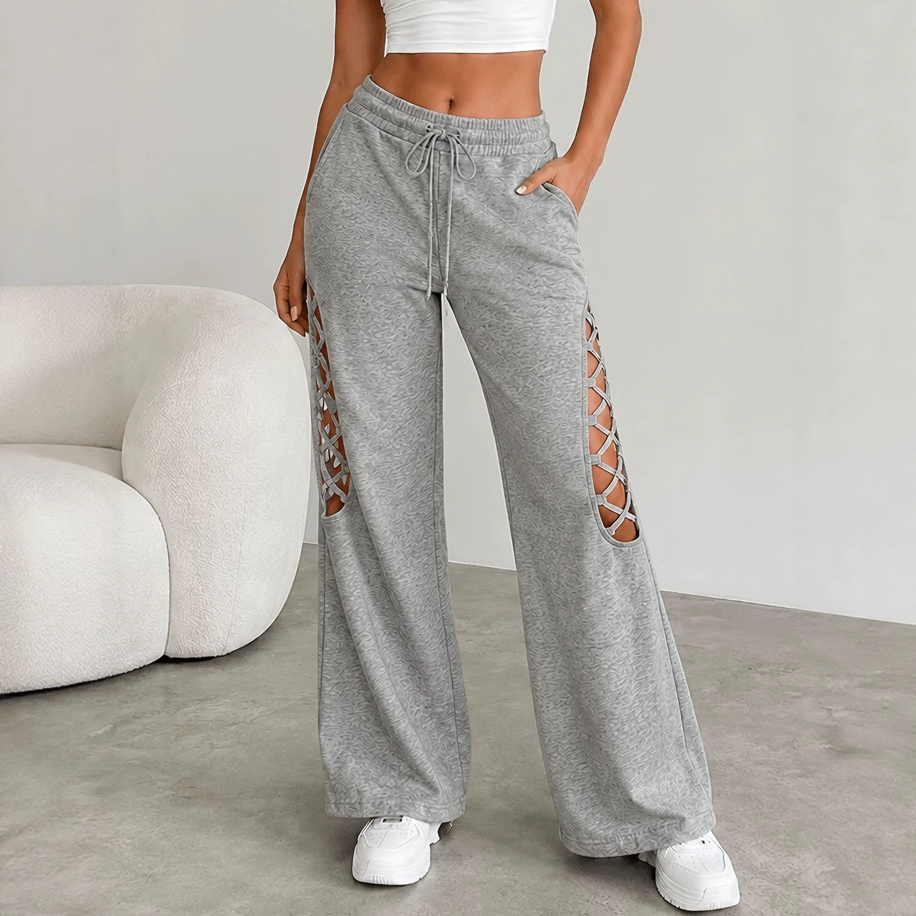 Women's Elastic Waist Wide-Leg Pants with Cutout Splicing, Loose Casual Vacation Trousers