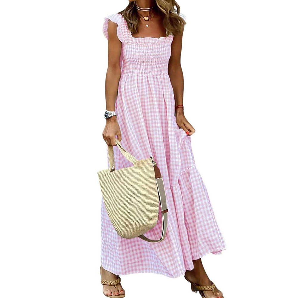 Square Neck Plaid Smocked Maxi Dress