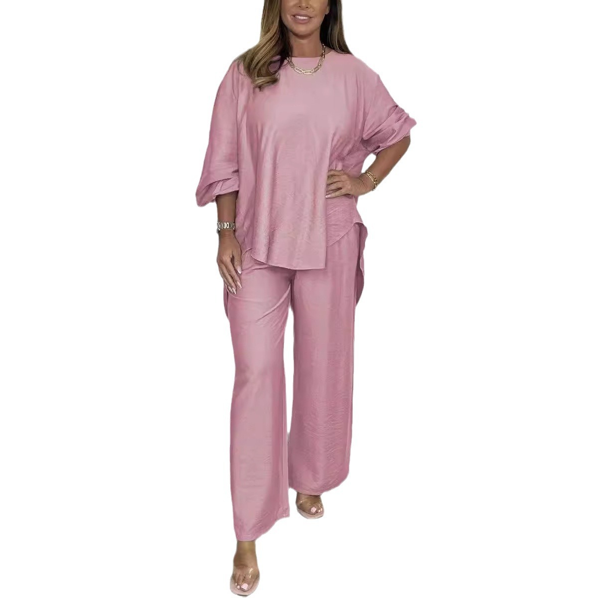 Acetate Satin Wide-Leg Pants Set with Lantern Sleeve Top