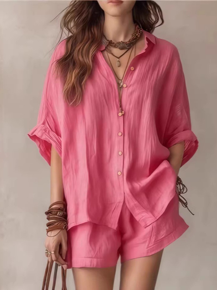 Women's Casual Two-Piece Set Loose Short Sleeve Collared Shirt and Shorts