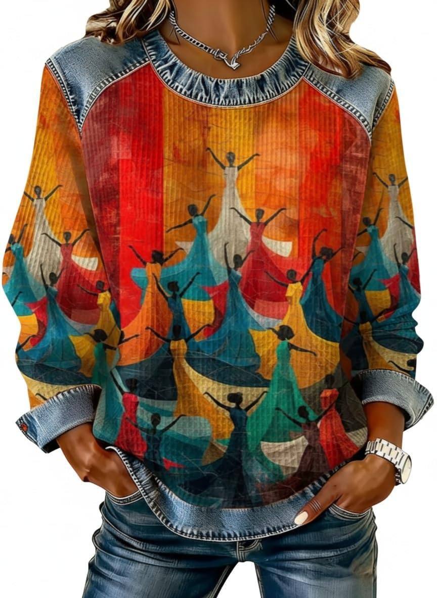 Women's Leopard Print Crewneck Sweatshirt Waffle Knit Long Sleeve