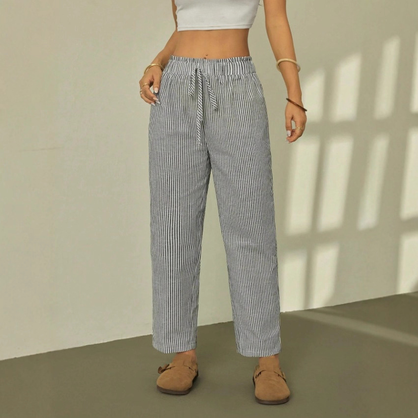 Women's Striped Elastic Waist Straight Leg Casual Pants