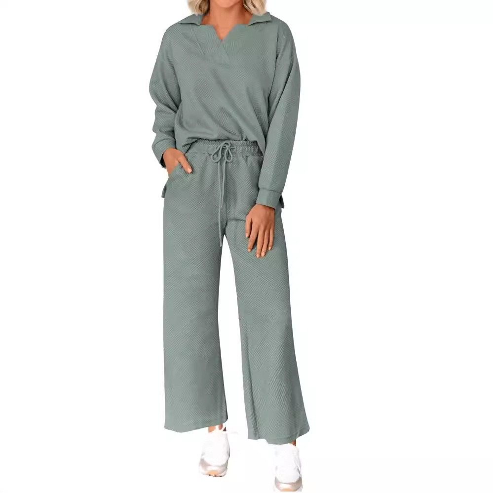 Solid Textured Long-Sleeve Hoodie and Pants Two-Piece Set