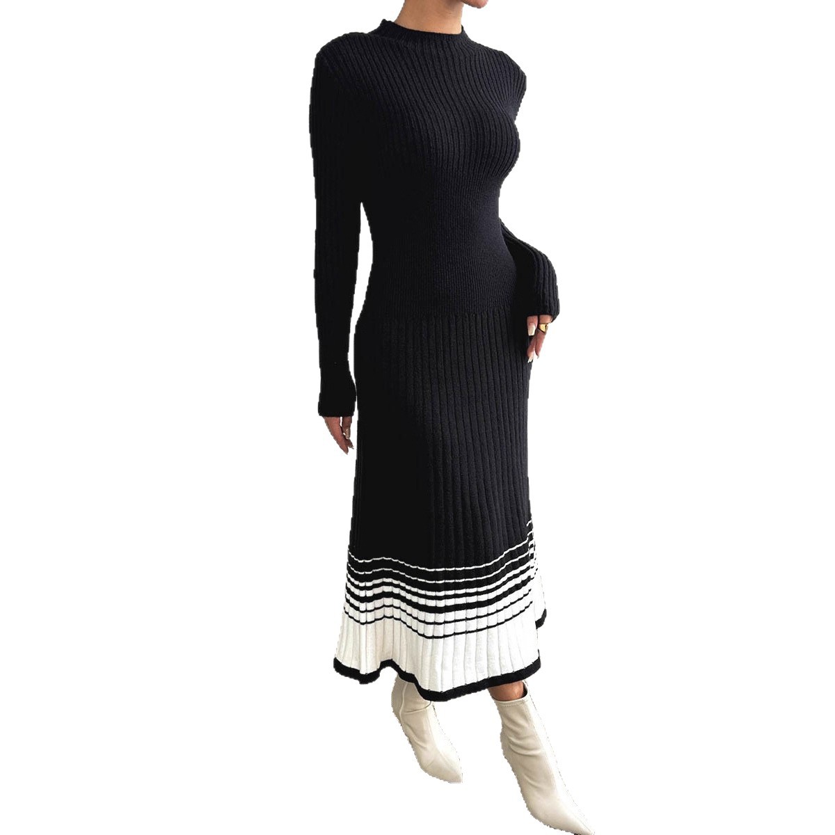 Women's Black and White Striped Pleated Sweater Dress Long Sleeve Crew Neck