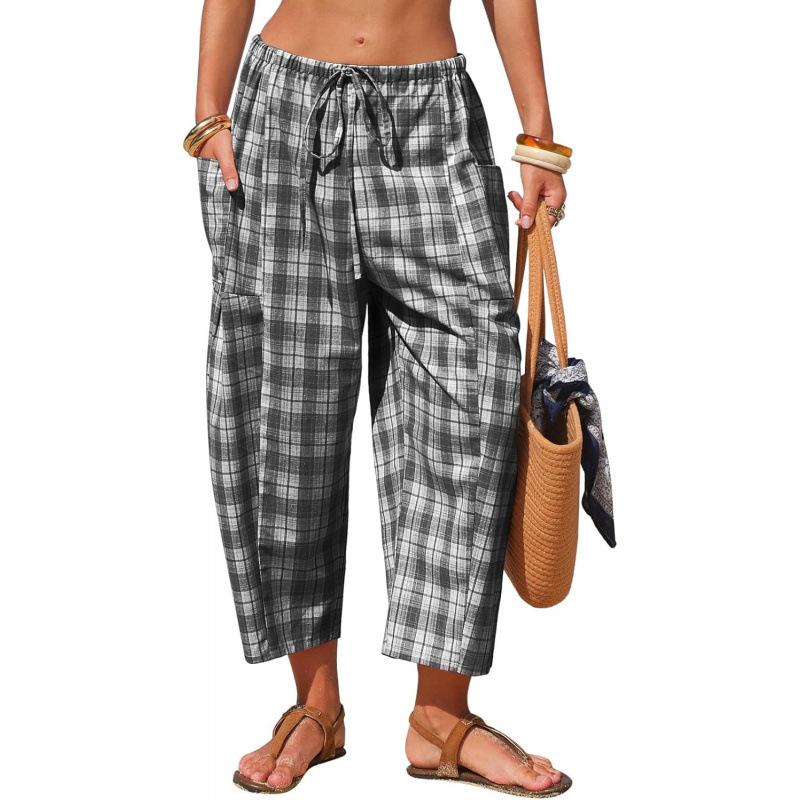 Linen-Blend Plaid Wide-Leg Cropped Pants with Pockets