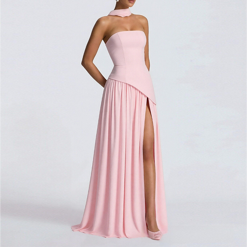 Elegant Slim-Fit Solid Color Waist-Cinched Split French Dress