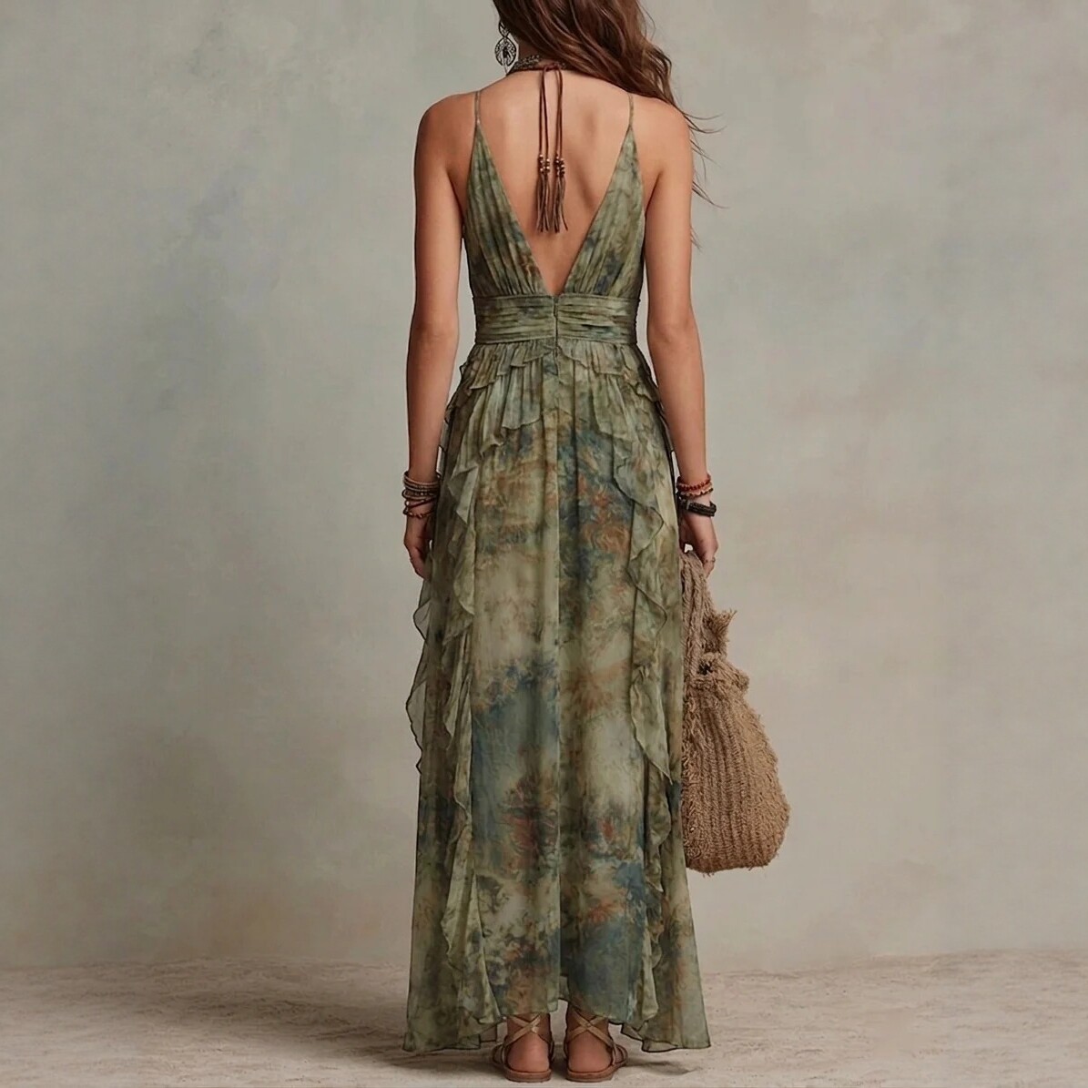 Women's Tie-Dye Halter Maxi Dress with V-Neck and Open Back